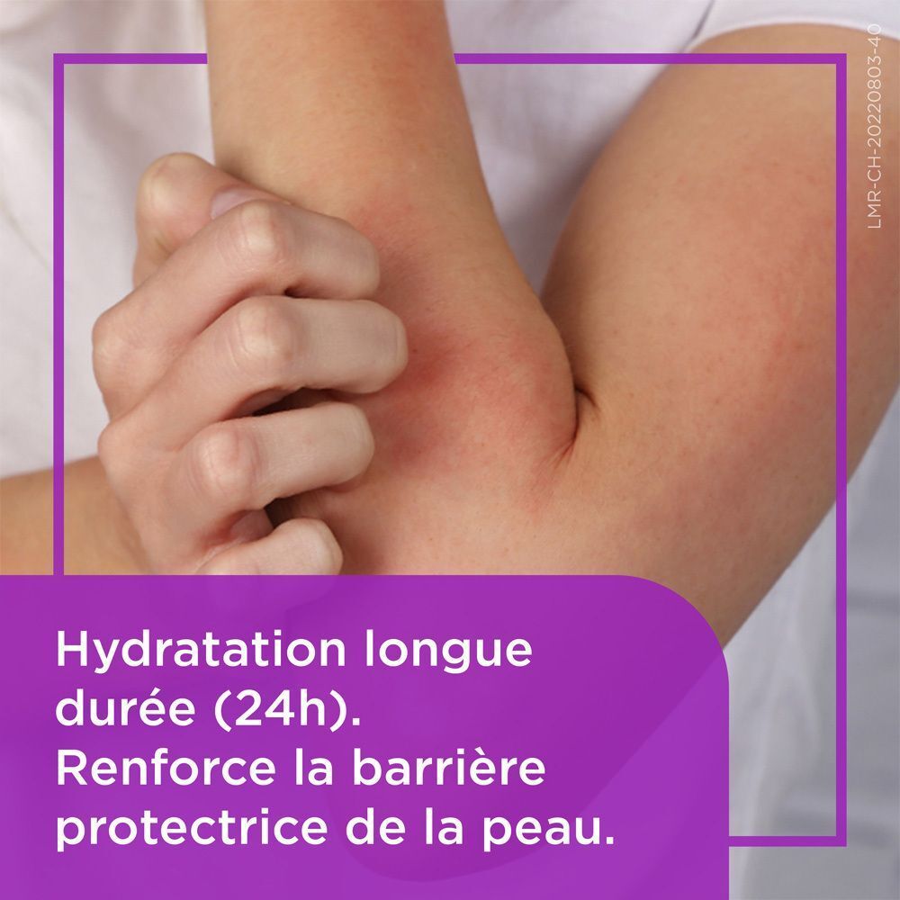Arm mit geröteter Haut. Lila Infografik. Text: Lang anhaltende Feuchtigkeit (24h). Stärkt die Schutzbarriere der Haut.