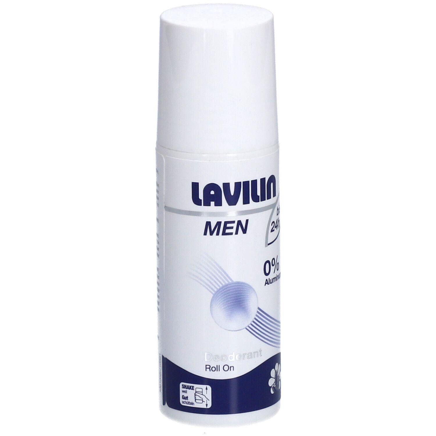 Déodorant roll-on blanc. Logo LAVILIN MEN bleu. Contient 0% d'aluminium. Design floral.