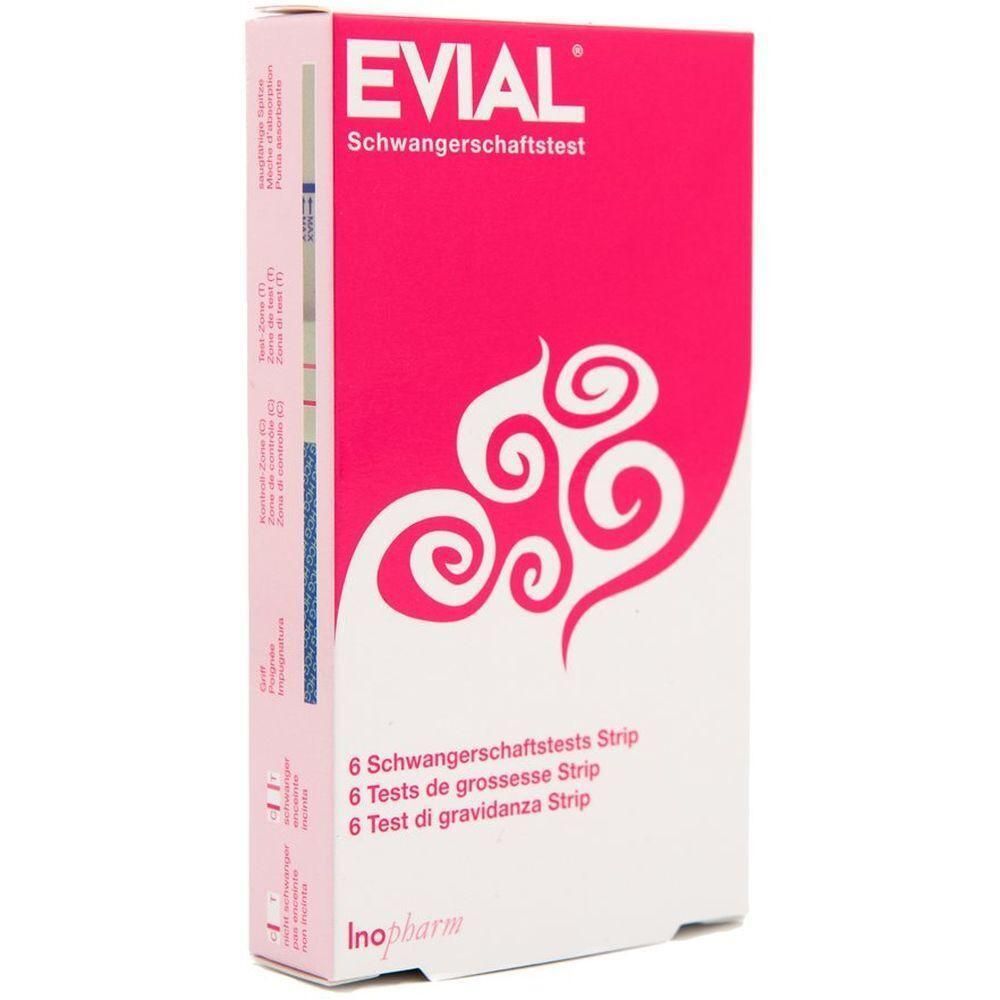 Rosa-weiße Verpackung mit dem Schriftzug EVIAL und Schwangerschaftstest. Enthält 6 Teststreifen. Inopharm-Logo unten.