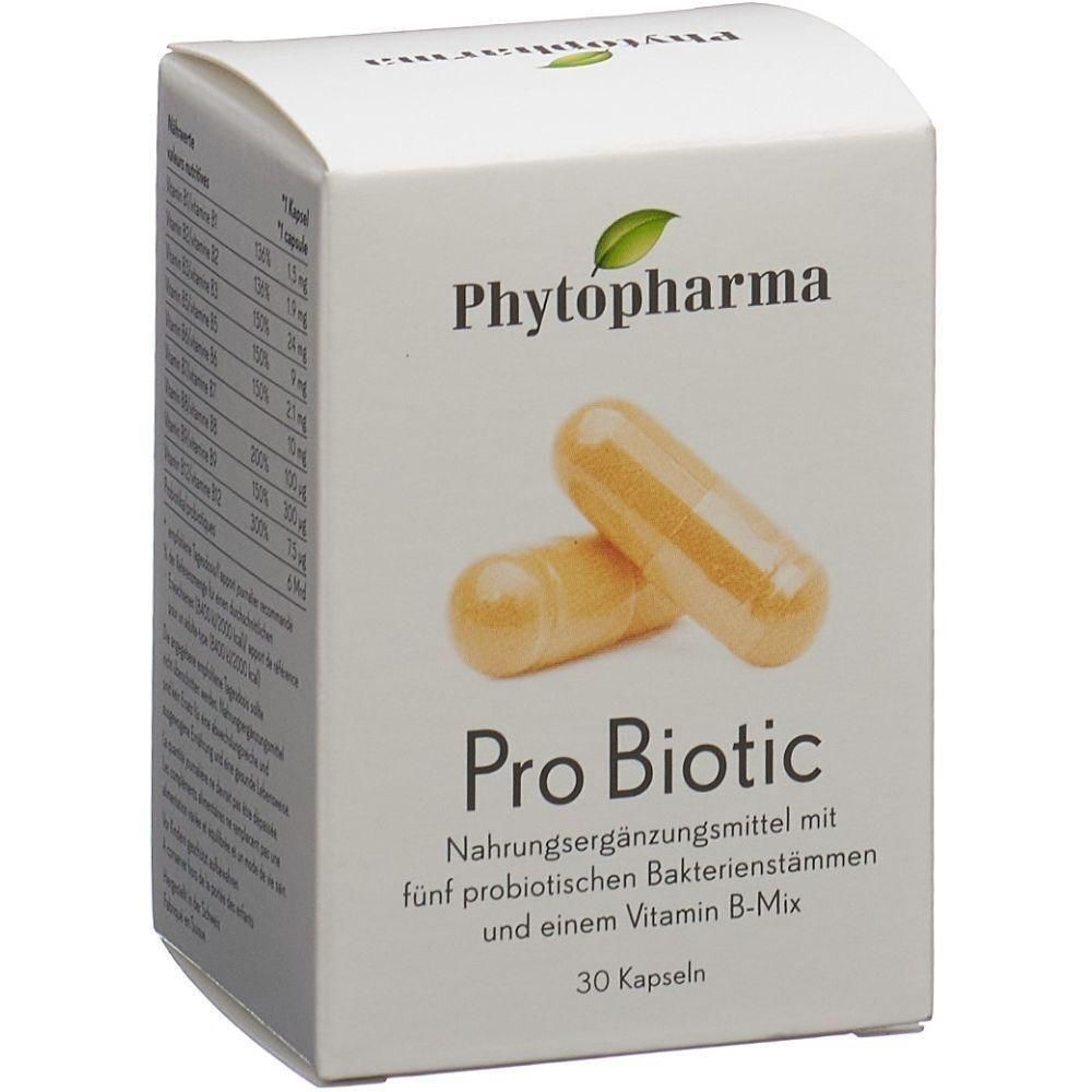 Weiße Schachtel mit Produkt. Zwei Kapseln liegen davor. Aufschrift: Phytopharma, Pro Biotic, Nahrungsergänzungsmittel, 30 Kapseln.