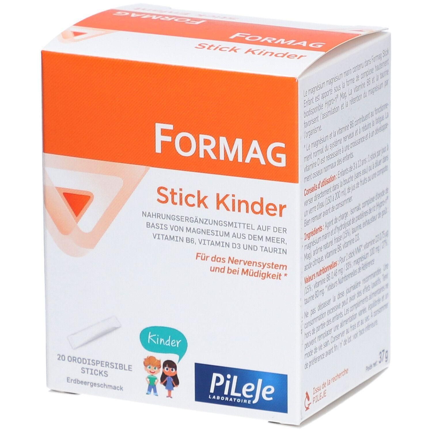 Boîte de Formag Stick Kinder. Contient 20 sticks orodispersibles. Inscription : Complément alimentaire, Vitamine D3, B6, Magnésium, Taurine.