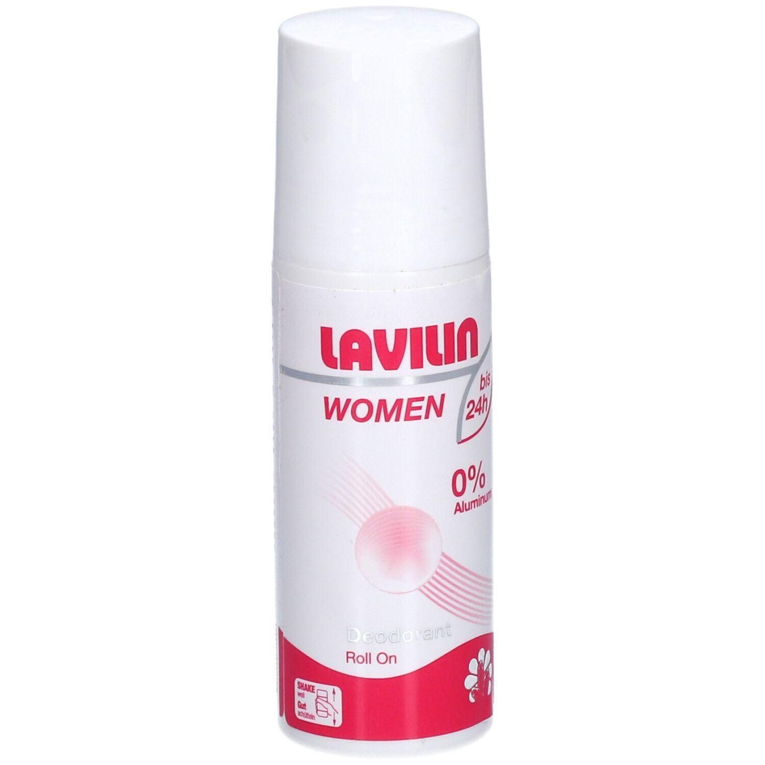 Weißer Roll-on-Deodorant. Aufschrift LAVILIN WOMEN, 0% Aluminium. Roter Streifen am unteren Ende. Roll-on-Applikator.