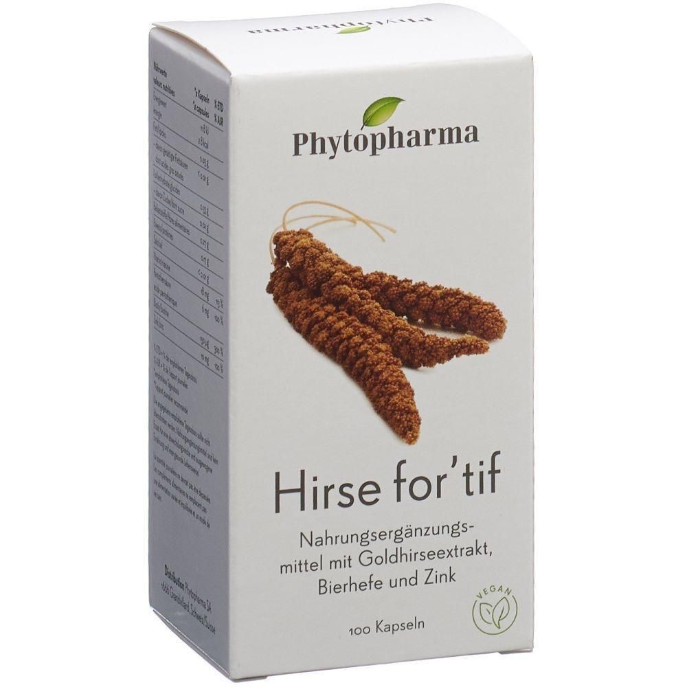 Weiße Produktverpackung mit dem Logo von Phytopharma. Abbildung von Goldhirse. Text: Hirse for'tif, Nahrungsergänzungsmittel, 100 Kapseln, Vegan.