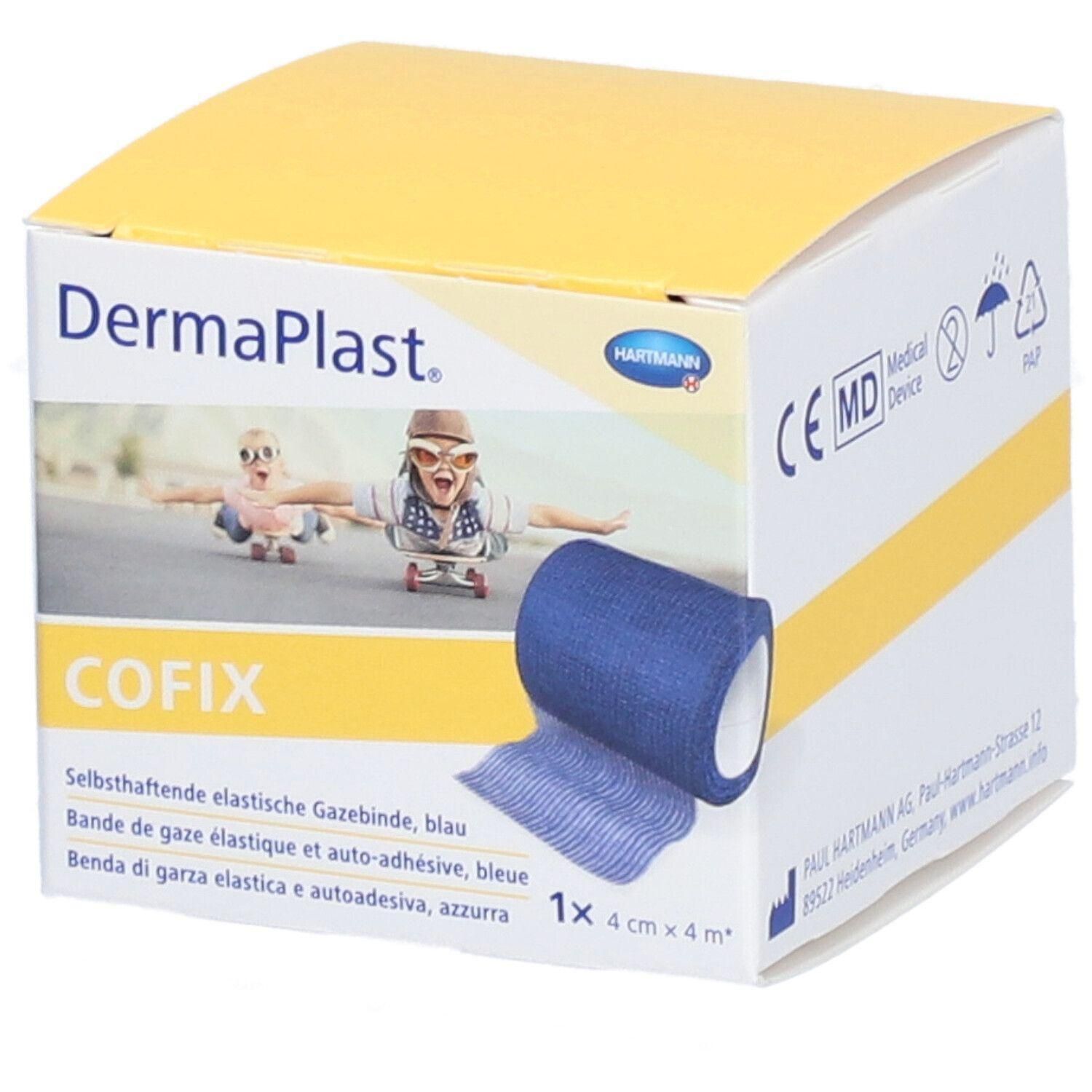 Verpackung von Dermaplast CoFix, blaue selbsthaftende elastische Gazebinde. Enthält 1 Rolle, 4 cm x 4 m. Mit CE-Kennzeichnung.