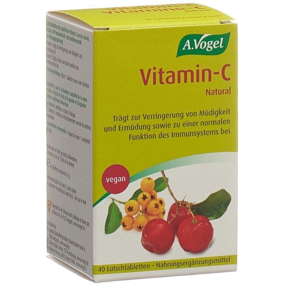 Gelbe Schachtel mit A.Vogel Vitamin-C Natural. Text: Trägt zur Verringerung von Müdigkeit. Abbildung von Früchten. Vegan.