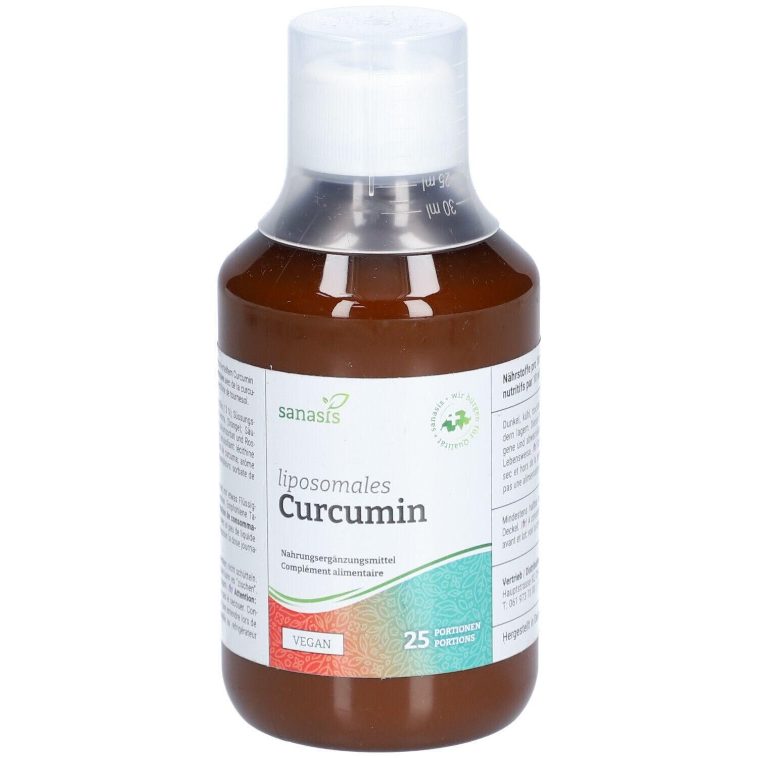 Braune Flüssigkeit in einer Flasche mit weißem Verschluss. Aufschrift: liposomes Curcumin, vegan. 25 Portionen.