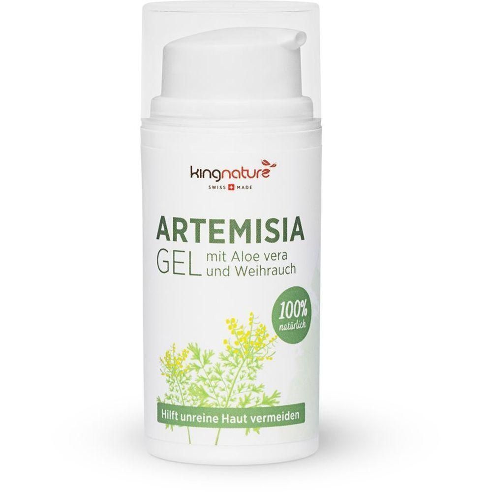Flacon blanc avec pompe. Inscription: ARTEMISIA GEL, avec Aloe vera et encens. Logo vert et blanc: 100% naturel. Aide à éviter les peaux impures.