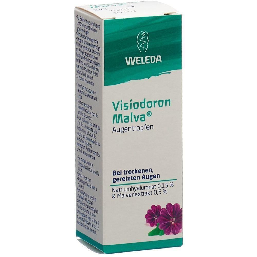 Karton von Visiodoron Malva Augentropfen. Grün-weiße Verpackung mit Produktnamen, Marke Weleda und Inhaltsstoffen. Abbildung von Malvenblüten.