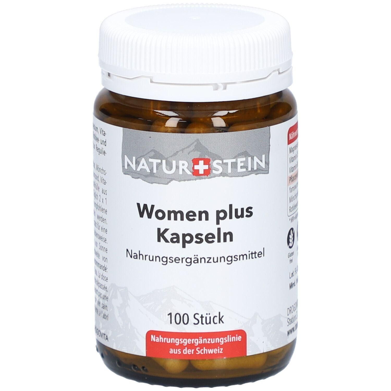 Braune Glasflasche mit weißen Deckel. Aufschrift: Naturstein Women plus Kapseln. 100 Stück. Nahrungsergänzungsmittel.
