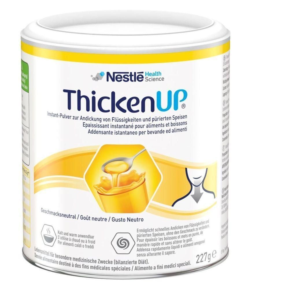 Weiß-gelbe Dose mit Nestle Health Science ThickenUP. Aufschrift in Blau. Enthält Instant-Pulver zur Andickung von Flüssigkeiten und Speisen.