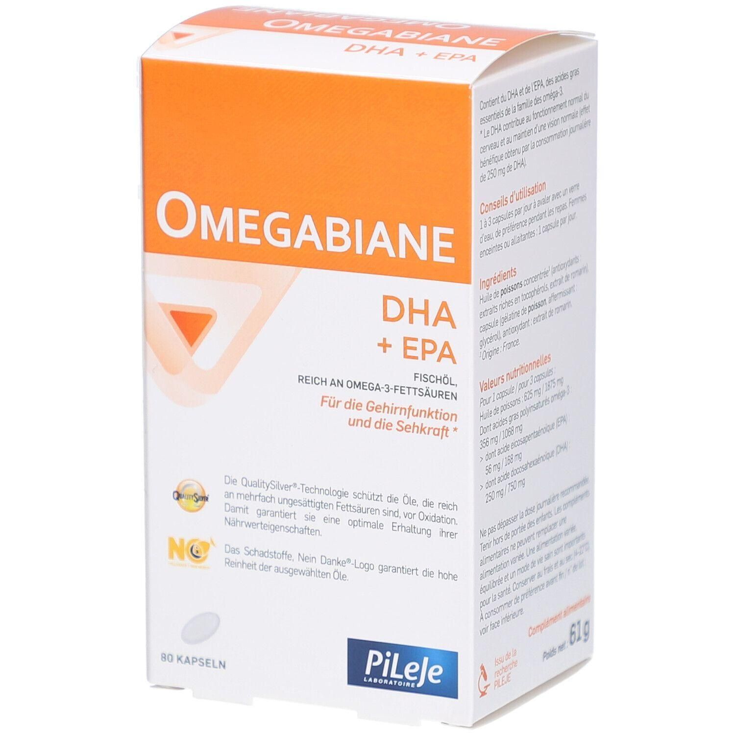 Boîte de gélules Omegabiane DHA + EPA. Design orange et blanc avec nom du produit et DHA + EPA. Contient de l'huile de poisson. 60 gélules.