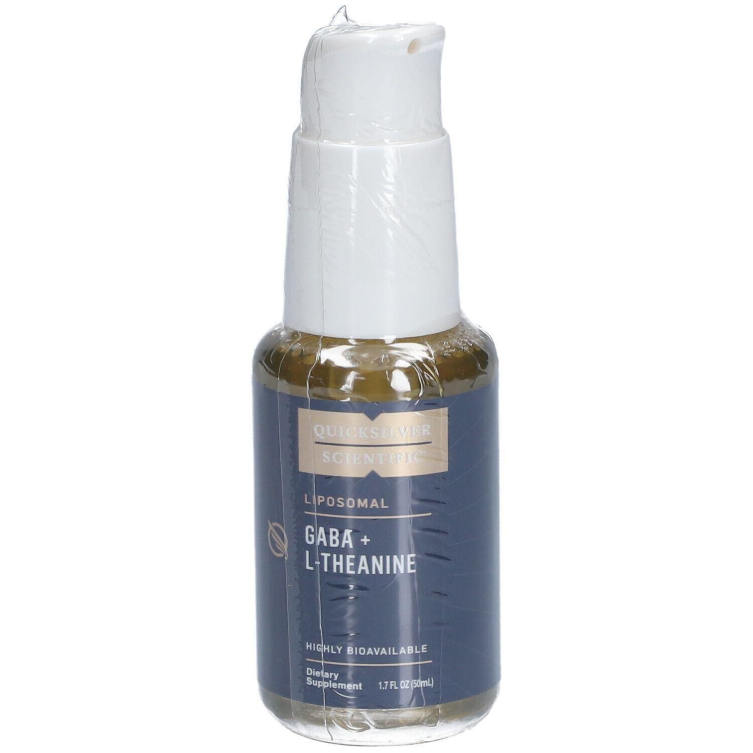 Complément alimentaire liquide en flacon pompe. Inscription : Liposomal GABA + L-Théanine. 1,7 fl oz (50 ml).