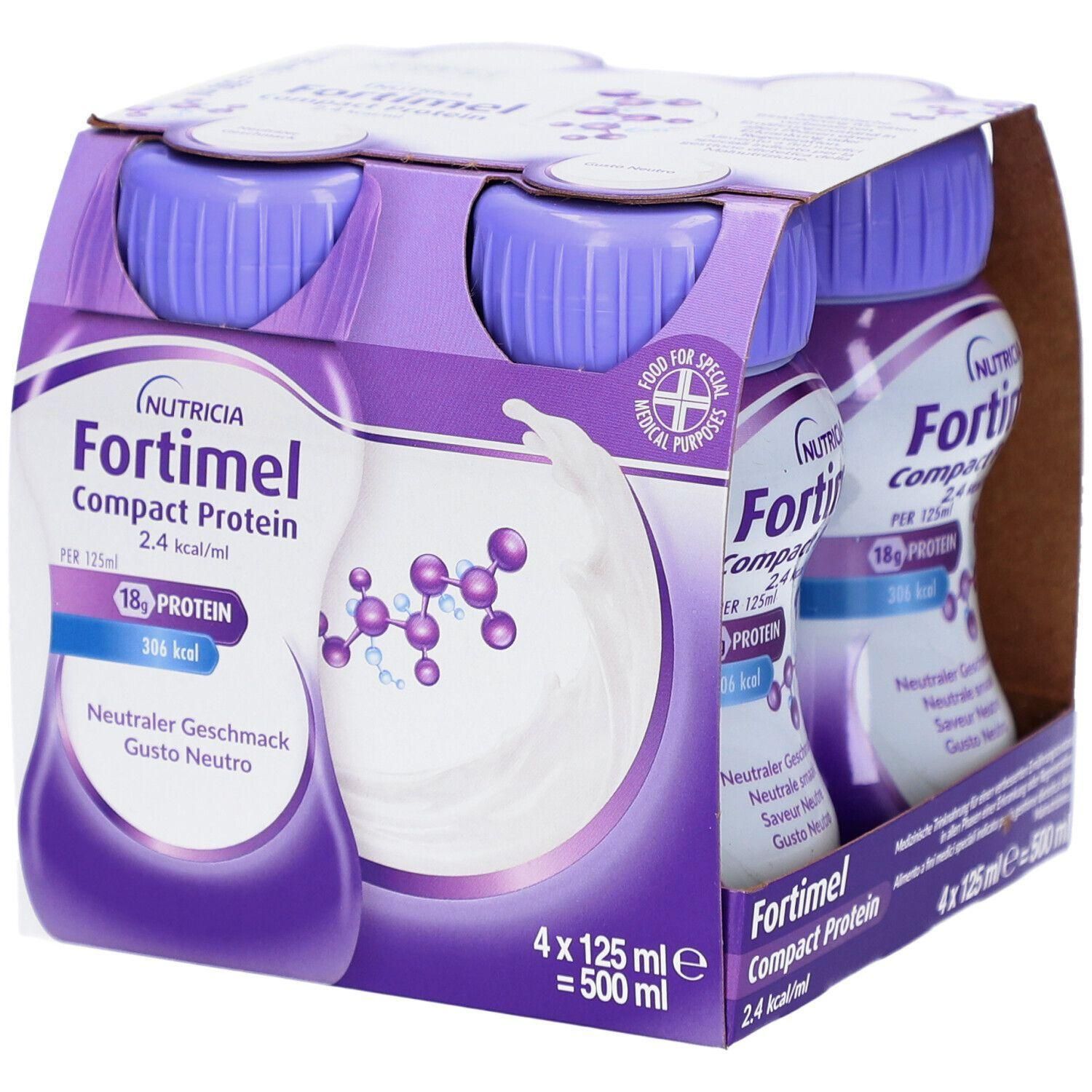Packung mit vier Flaschen Fortimel Compact Protein. Jede Flasche hat einen lila Deckel und enthält 125 ml. Aufdrucke: 18g Protein, 2.4 kcal/ml.