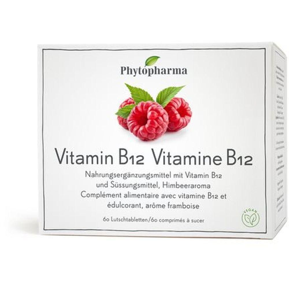 Weißer Karton mit Produktaufdruck. Oben links: Logo Phytopharma. Bild: Himbeeren. Schriftzug: Vitamin B12. Vegan-Siegel.
