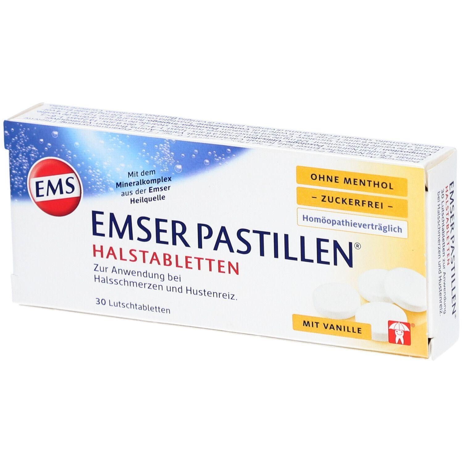 Boîte de pastilles pour la gorge EMSER. Inscription : sans menthol, sans sucre, à la vanille. 30 pastilles.