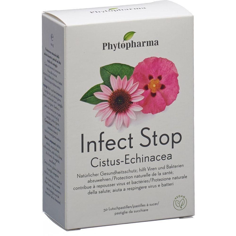 Kartonverpackung mit Produktnamen "Infect Stop". Abbildung von Blüten und Blättern. Text in Deutsch, Französisch, Italienisch.