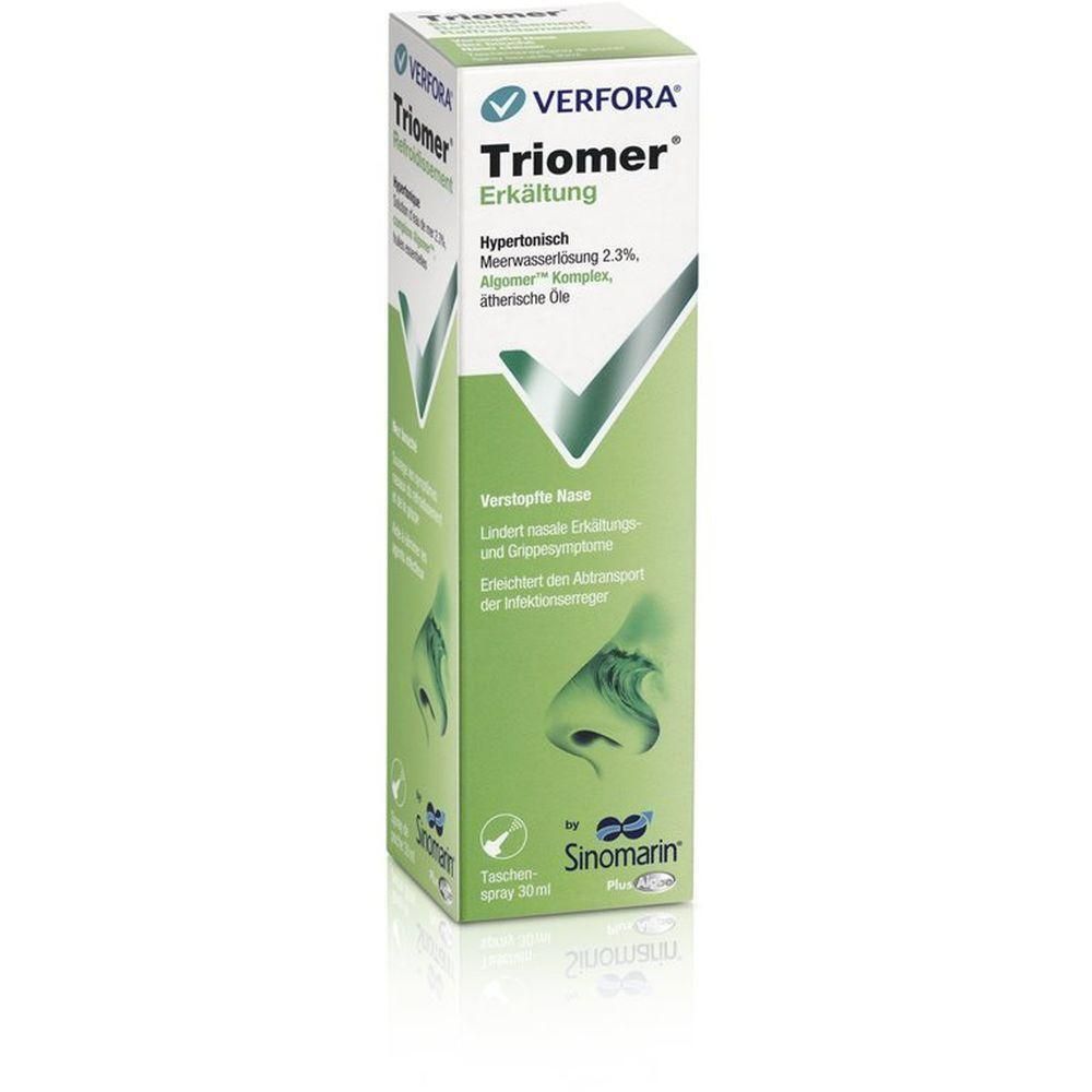 Grüne Schachtel mit weißer Schrift. Enthält Triomer Erkältung. Sinomarin-Logo unten rechts. Verfora-Logo oben links.