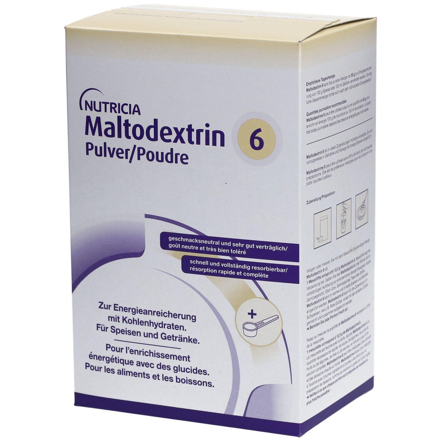 Karton NUTRICIA Maltodextrin 6 Pulver. Weiß-gelbe Verpackung mit Produktnamen und Zusatzinformationen. Enthält einen Messlöffel.