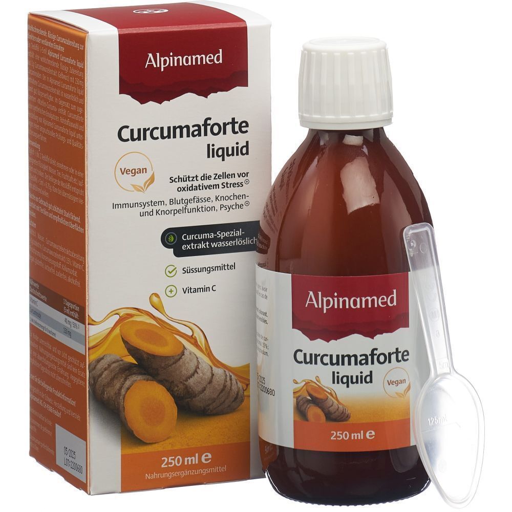 Braune Flüssigkeit in einer Flasche und Verpackung. Aufschrift: Alpinamed Curcumaforte liquid. Mit Messlöffel. Vegan.