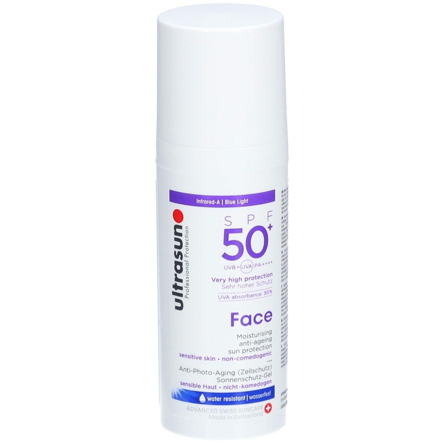 Weiße Flasche mit Sonnenschutzgel. Aufschrift: Ultrasun, SPF 50+, Face. Enthält Informationen zu Anti-Aging und Sonnenschutz.