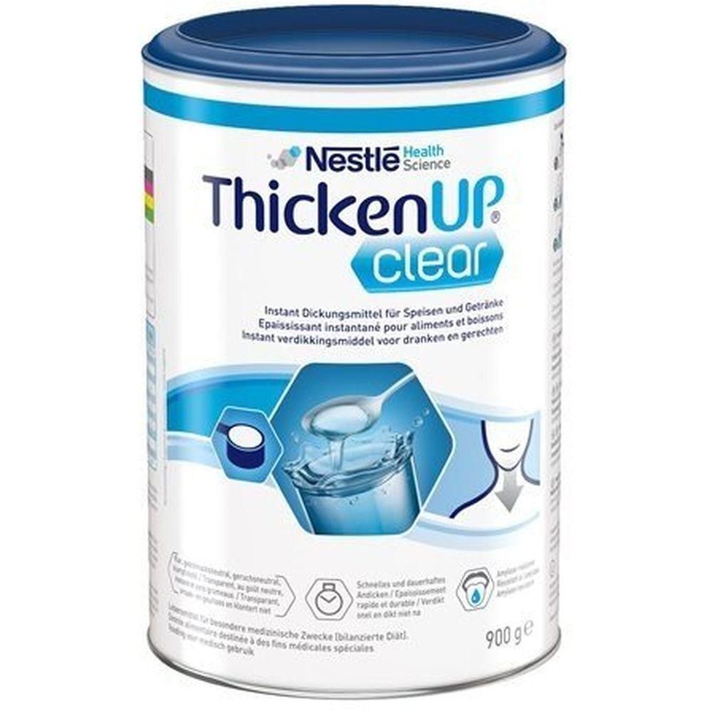 Zylinderdose mit blauem Deckel. Aufschrift: Nestle Health Science ThickenUp clear. Instant-Verdickungsmittel für Speisen und Getränke.