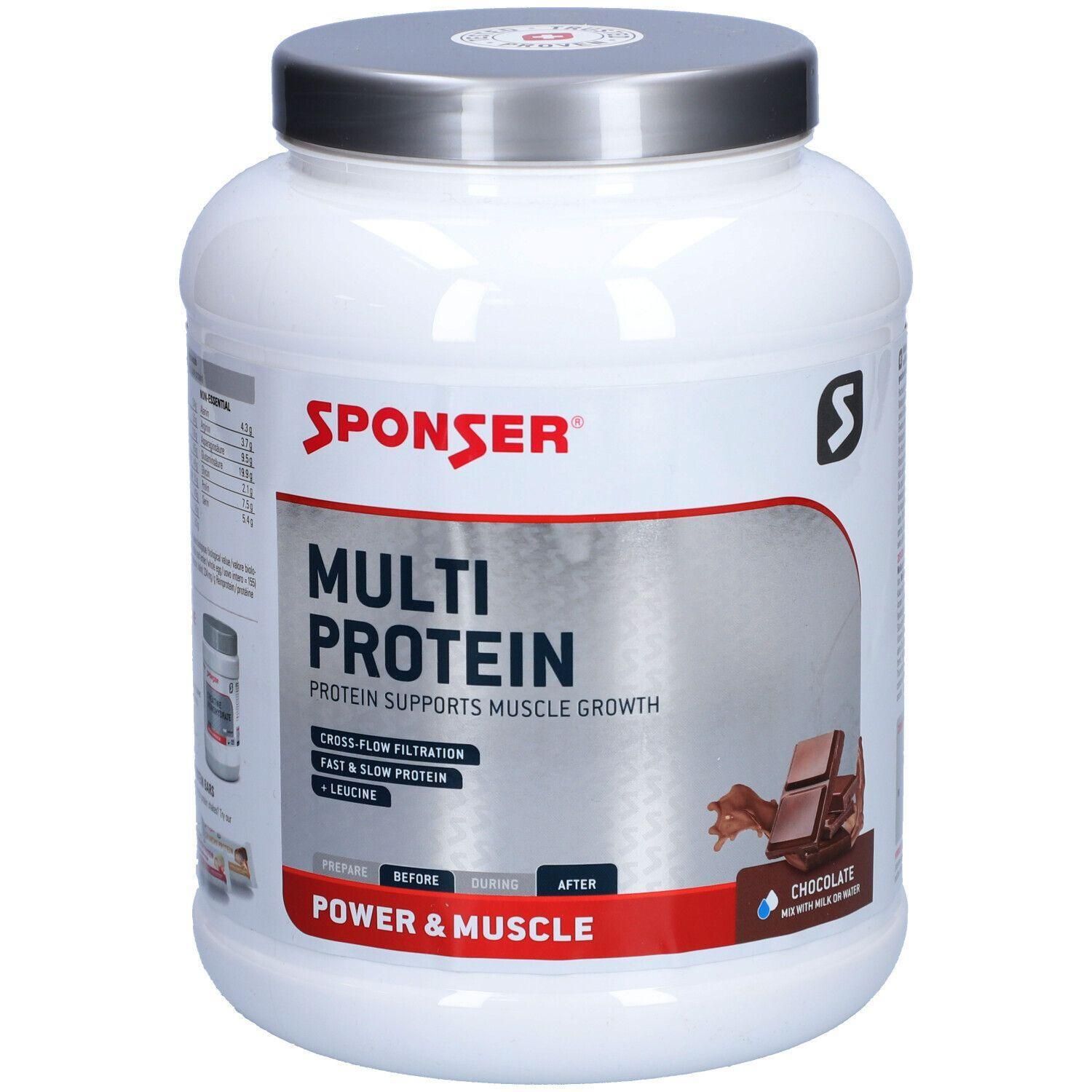 Weiße Dose mit SPONSER Multi Protein. Aufschrift: Multi Protein, Protein unterstützt Muskelwachstum. Mit Schokoladen-Abbildung.