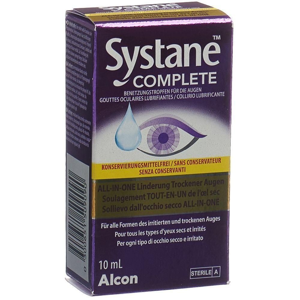 Boîte pliante violette avec le nom du produit Systane COMPLETE. Inscription: gouttes oculaires, illustration d'un œil avec une goutte. 10 ml, Alcon.