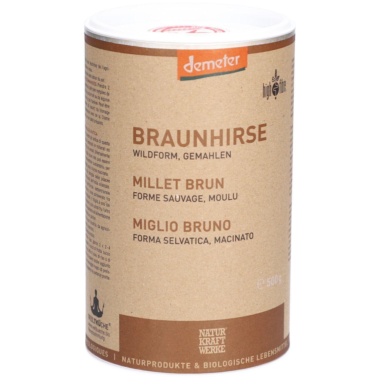 Zylindrische Dose mit Aufschrift BRAUNHIRSE. Oben Logo Demeter. Text in Deutsch, Französisch und Italienisch. Naturprodukte.