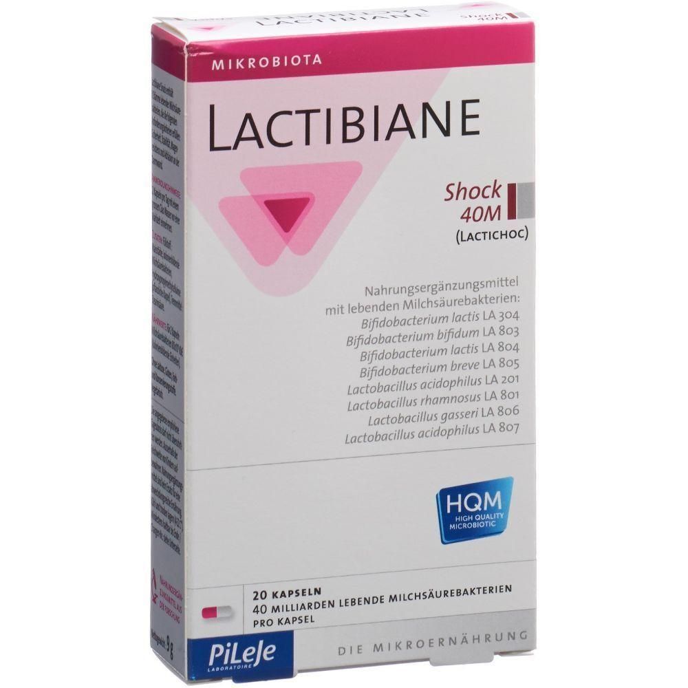 Boîte de LACTIBIANE Shock 40M. Contient 20 gélules de bactéries lactiques vivantes. Inscription : HQM, Pileje.