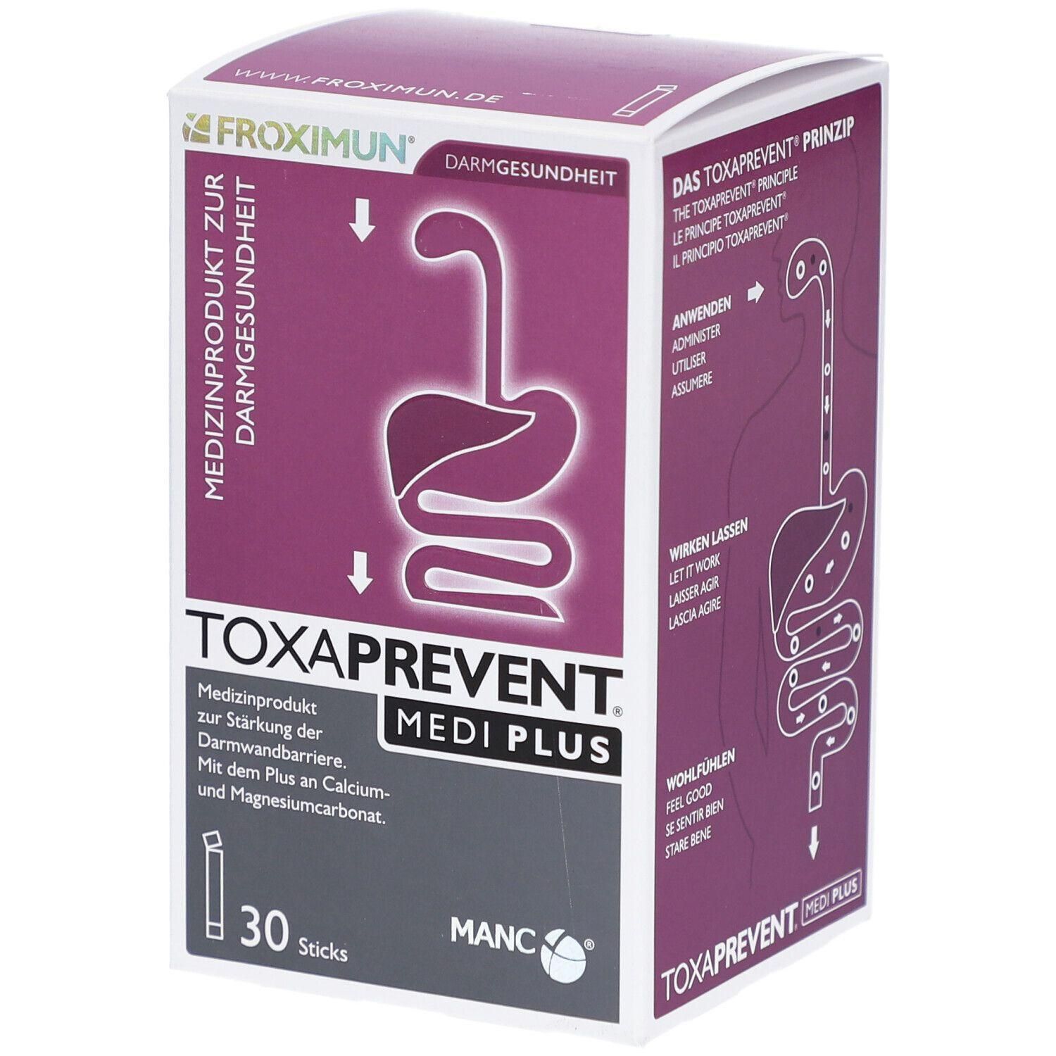 Karton mit TOXAPREVENT MEDI PLUS. Medizinprodukt zur Stärkung der Darmwandbarriere. Enthält 30 Sticks. Lila und weiße Verpackung mit Produktlogo.