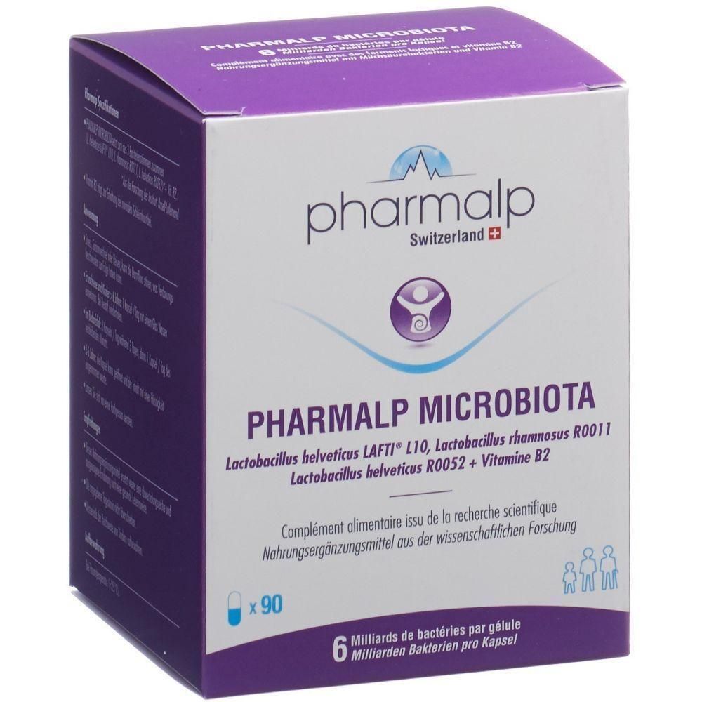 Karton von PHARMALP Microbiota. Lila und weiß. Enthält 90 Kapseln. Aufschrift: 6 Milliarden Bakterien pro Kapsel.