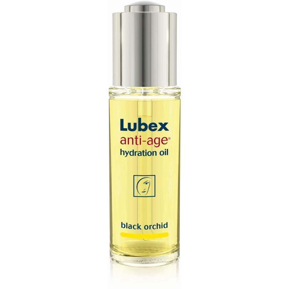 Flacon en verre transparent avec bouchon argenté. Inscription: Lubex anti-age® hydration oil, black orchid. Contient une huile claire.