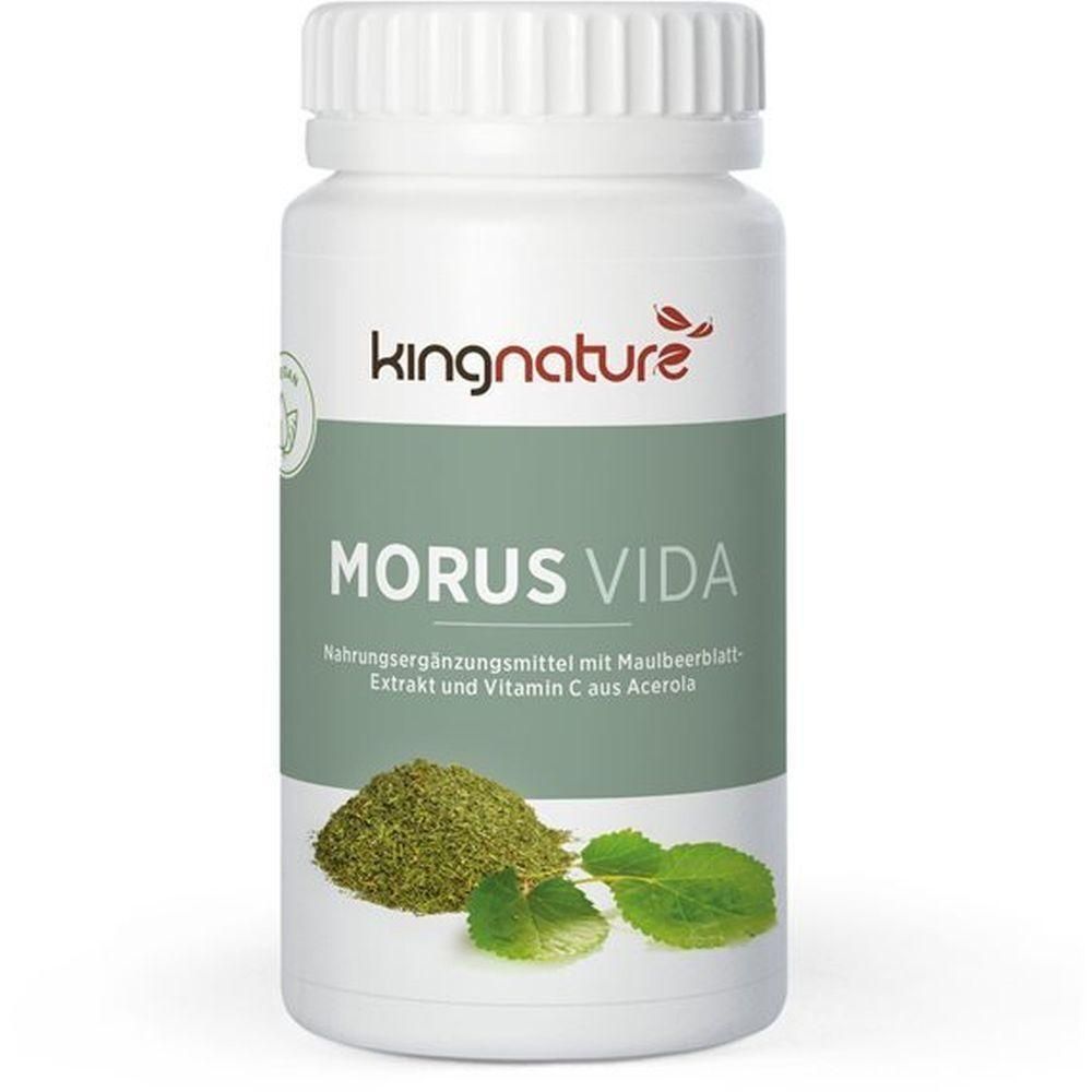 Weiße Flasche mit grünem Etikett. Aufschrift: kingnature, MORUS VIDA. Darunter Text. Abbildung von Blättern und Kräutern.