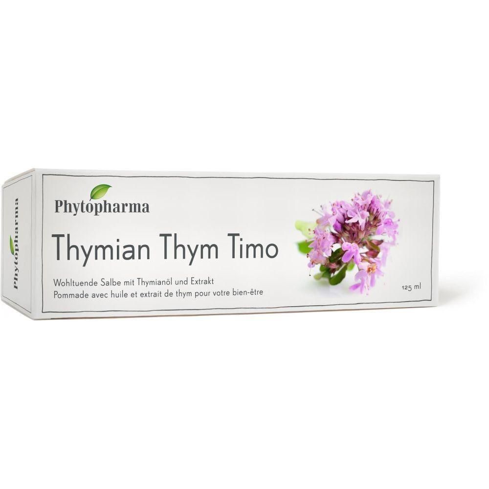 Emballage blanc avec nom du produit et illustration florale. Texte: Thymian Thym Timo. Marque: Phytopharma. 125 ml.