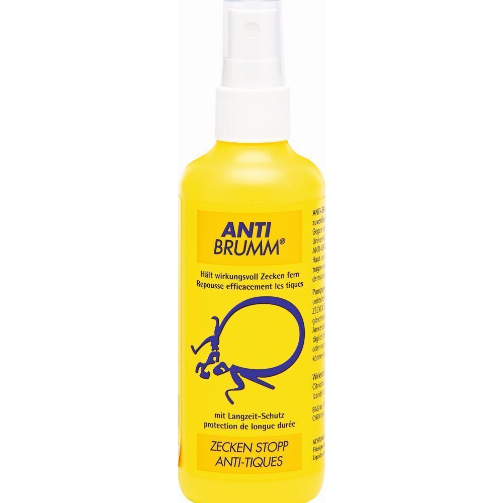 Gelbe Sprühflasche mit weißem Sprühkopf. Beschriftung: ANTI BRUMM®, ZECKEN STOPP, Zecken-Symbol.