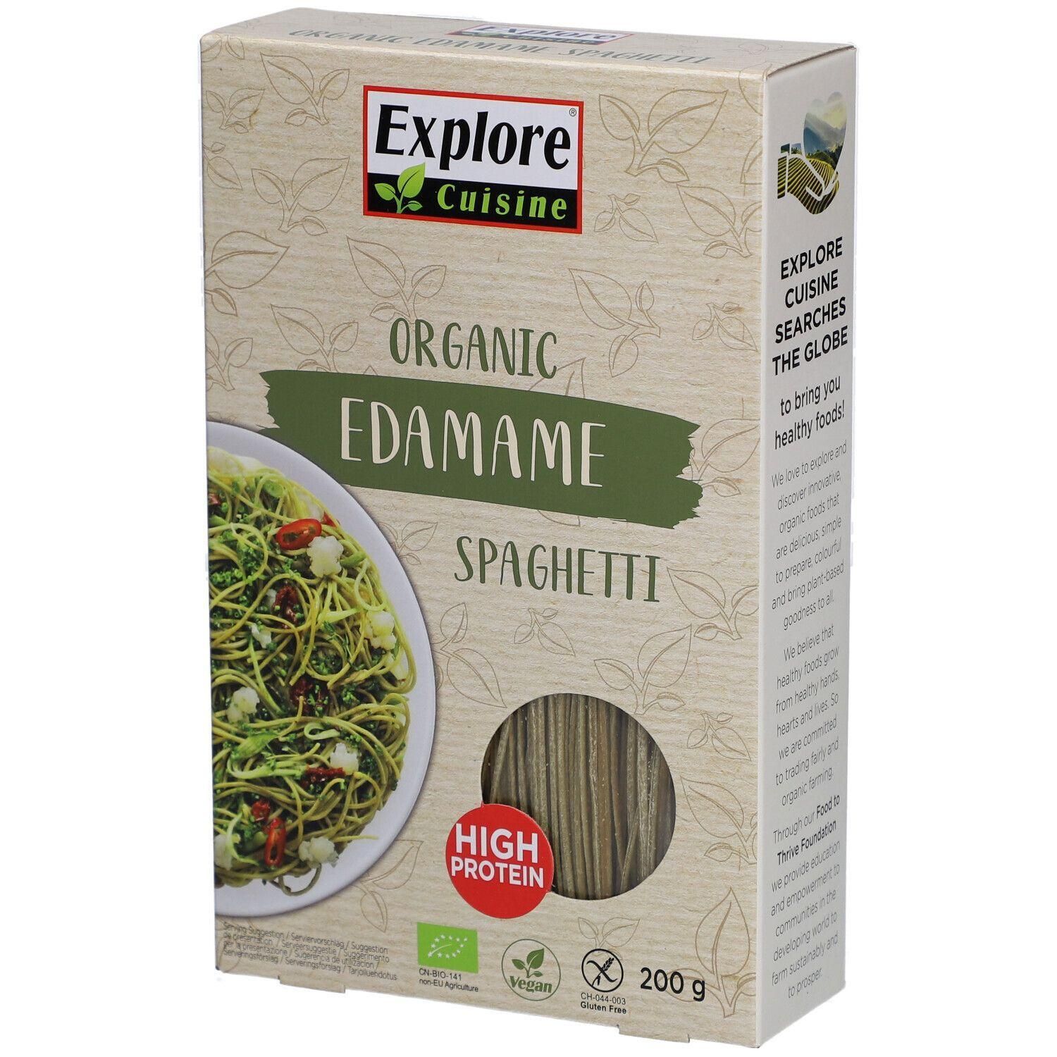 Boîte de spaghetti d'edamame Explore Cuisine. Inscription: Organic Edamame Spaghetti, EU Bio, High Protein, Vegan, Sans gluten.