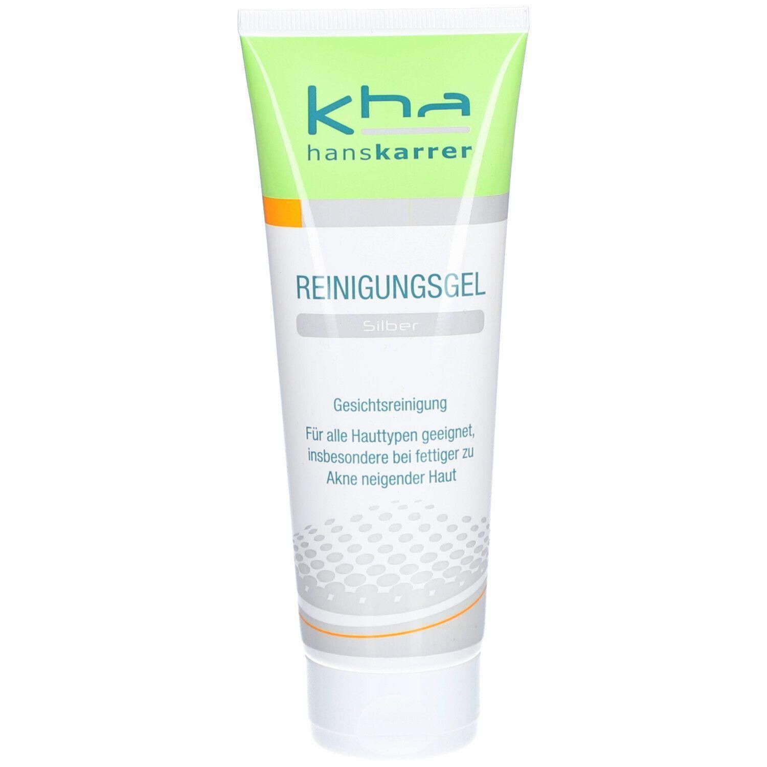 Tube de gel nettoyant. Vert en haut, blanc en dessous avec nom du produit et texte. Marque : kha hanskarrer.