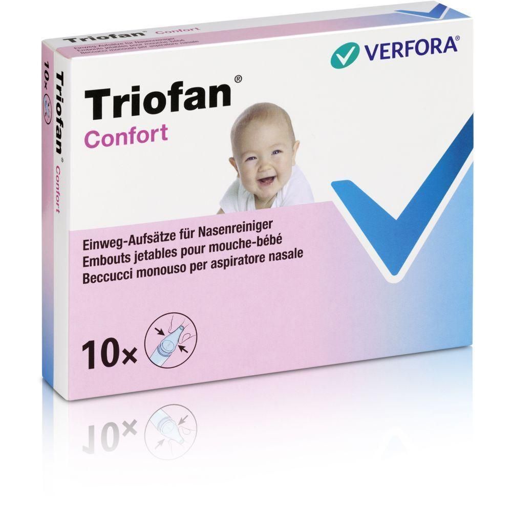 Verpackung von TRIOFAN® Komfort Einweg-Ohrstöpsel. Rosa-weiße Schachtel mit Babyfoto. Text: Einweg-Aufsätze für Nasenreiniger, 10x.