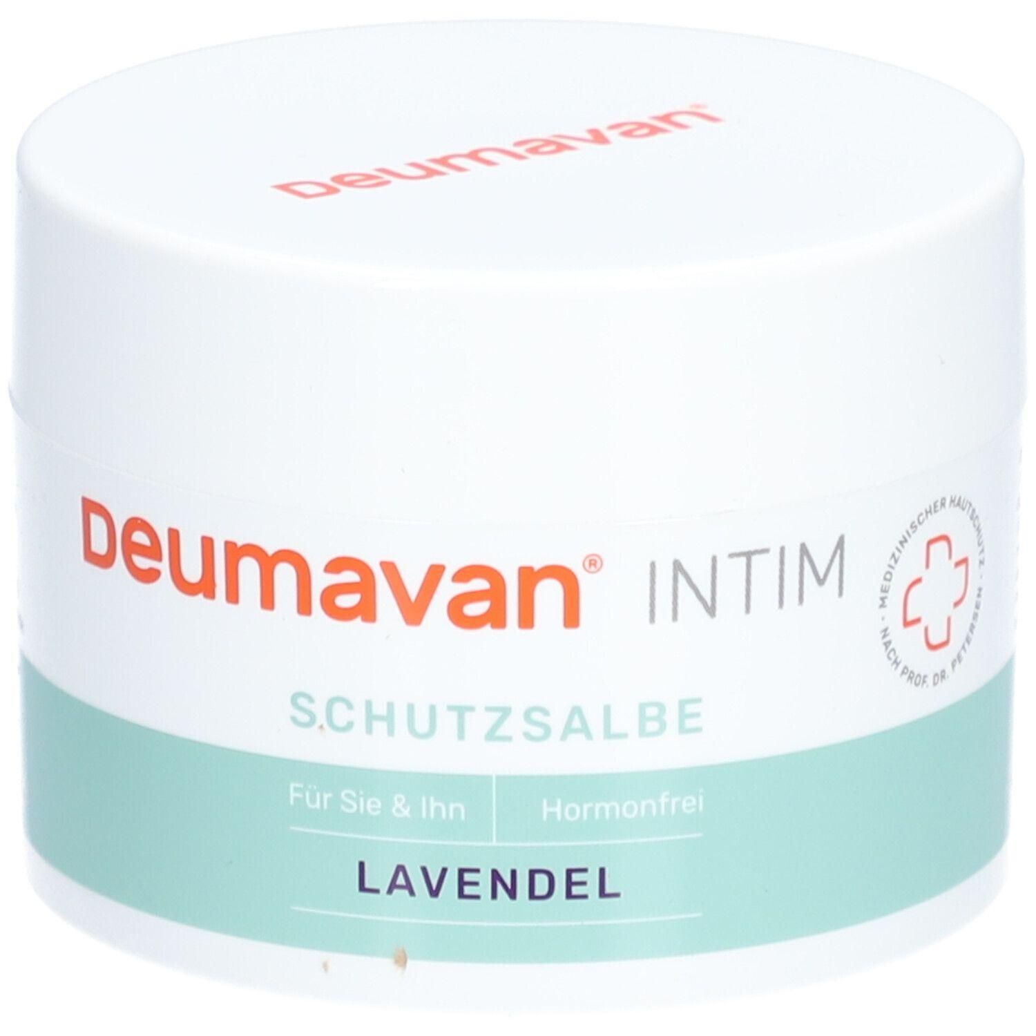 Pot blanc avec texte rouge et bleu. Inscription: Deumavan INTIM S. Schutzsalbe, Lavande. Avec sceau de qualité médicale.