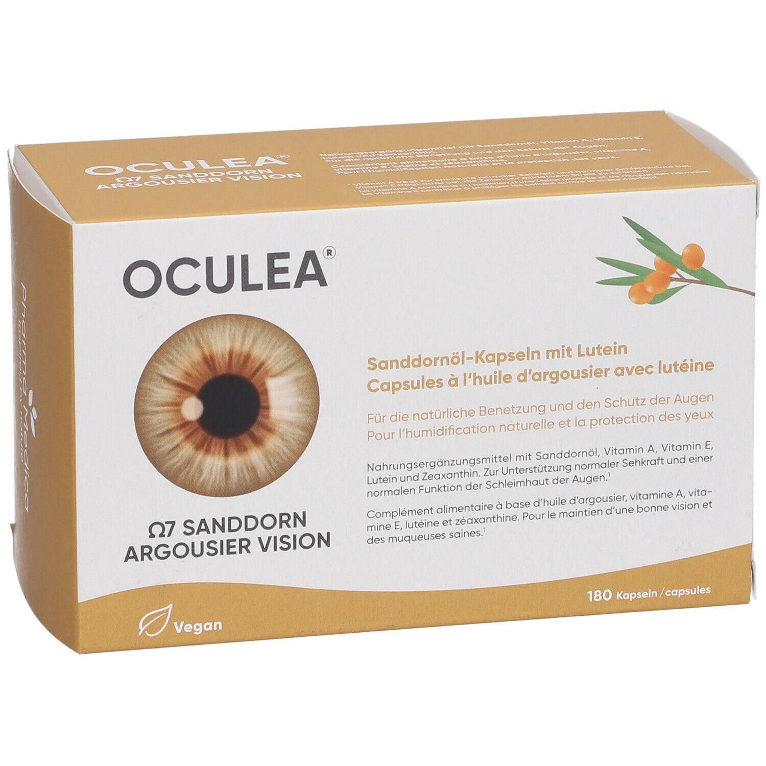Boîte de capsules OCULEA à l'huile d'argousier. Image d'œil, nom du produit, texte en allemand et français, 180 capsules, label Vegan.