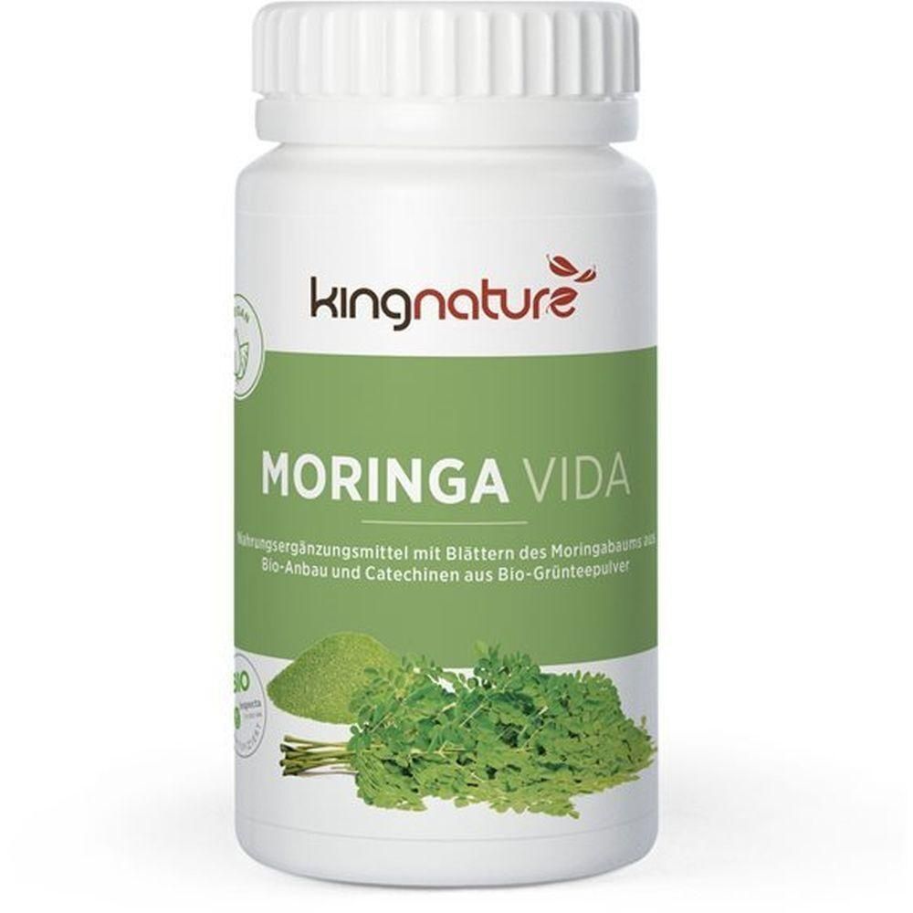 Flacon blanc avec étiquette verte. Inscription: kingnature, MORINGA VIDA. Illustration de feuilles et de poudre. Complément alimentaire.
