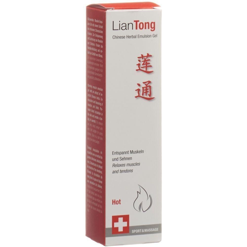 Weiße Schachtel mit roter Schrift. Enthält chinesisches Kräuteremulsionsgel. Text: LianTong, 莲通, Hot, Entspannt Muskeln und Sehnen.