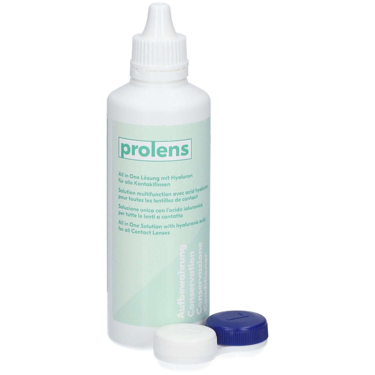 Weiße Flasche mit grünem Etikett und blauen und weißen Behältern. Aufschrift: prolens. All in One Lösung.