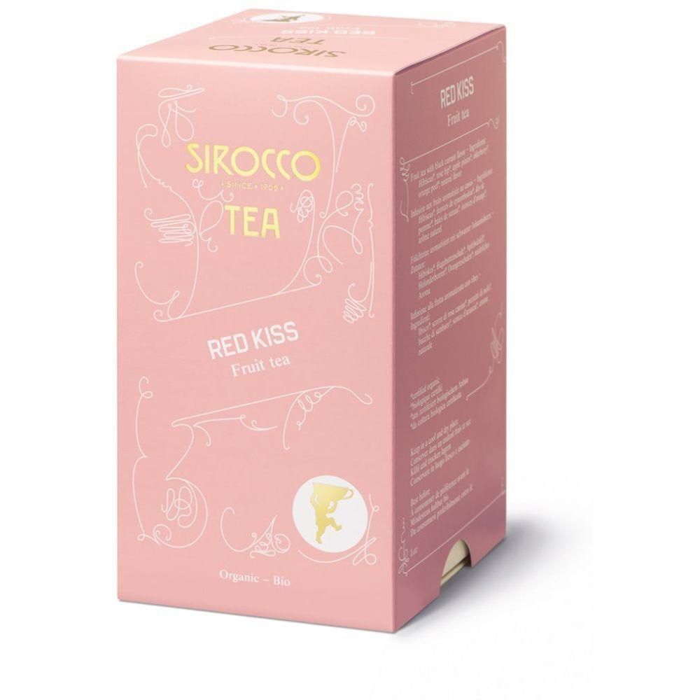 Boîte en carton rose avec texte SIROCCO TEA, RED KISS Fruit tea. Logo jaune. Certification biologique.