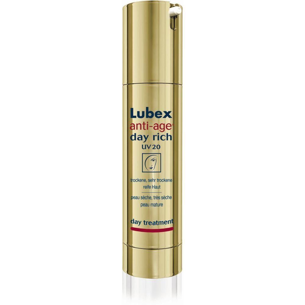 Goldfarbene Flasche mit Aufschrift Lubex anti-age day rich UV20. Text in Deutsch und Französisch. Tagespflege.
