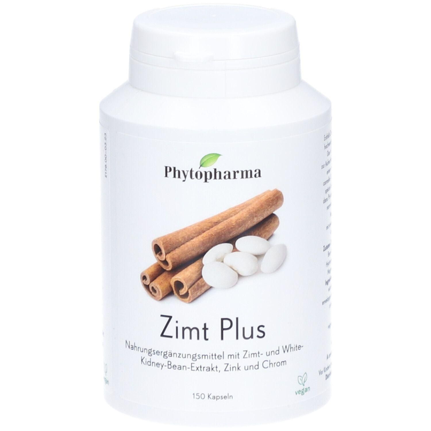 Flacon blanc avec image de cannelle et haricots. Inscription: Phytopharma Zimt Plus. 150 gélules. Vegan.