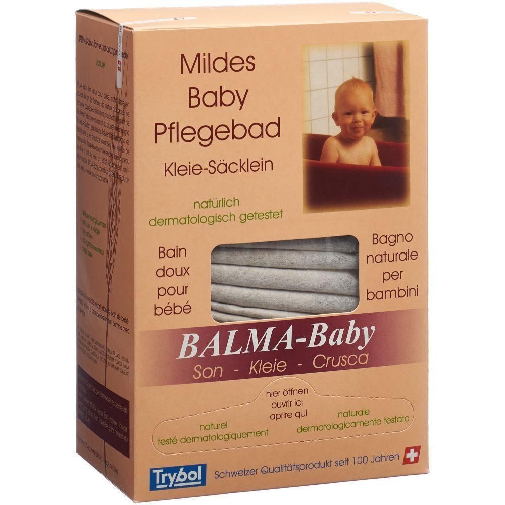 Karton mit Produktaufdruck. Text: Mildes Baby Pflegebad, BALMA-Baby. Enthält Kleie-Säcklein. Dermatologisch getestet. Schweizer Qualitätsprodukt.