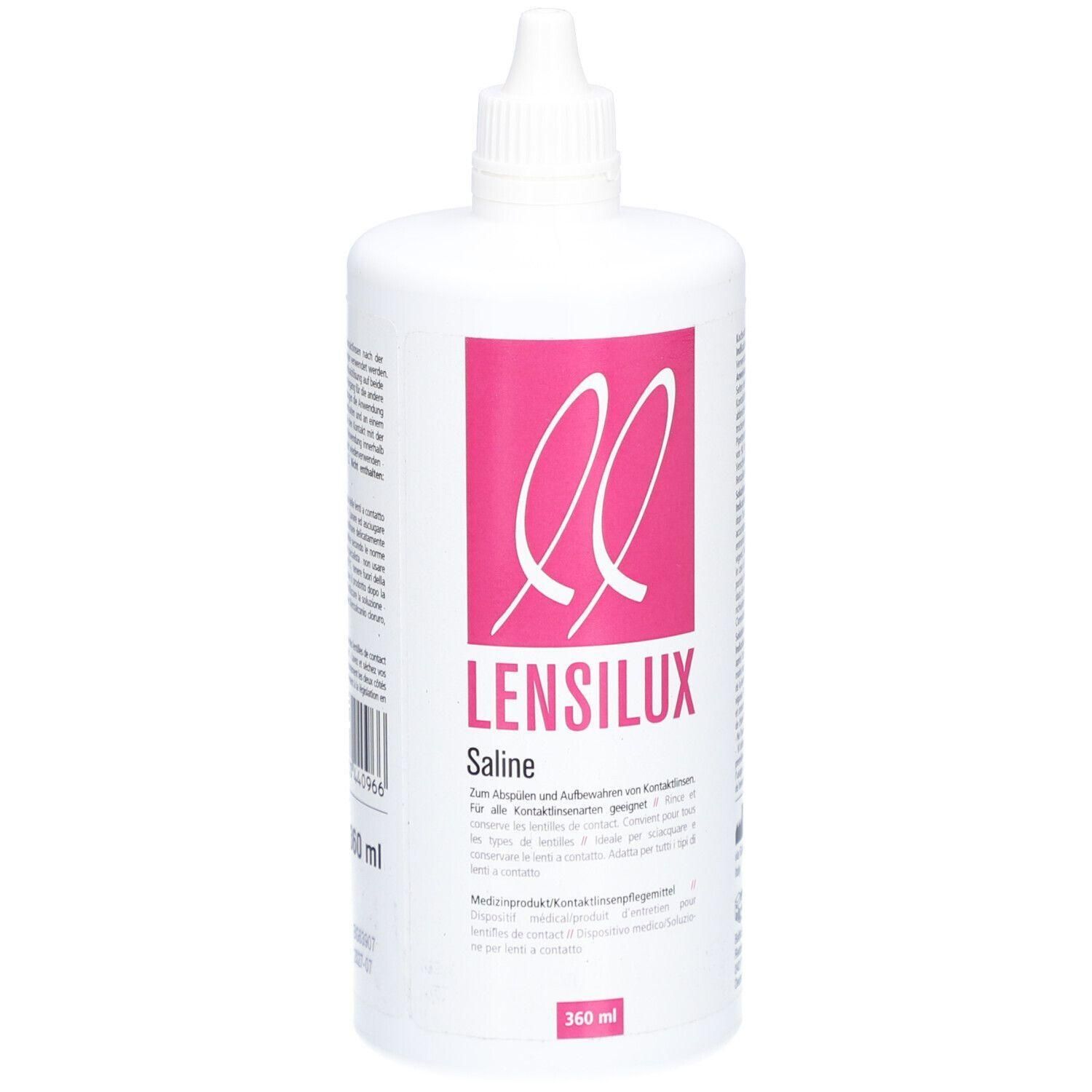 Flacon blanc avec étiquette rose. Inscription LENSILUX Saline. 360 ml. Pour lentilles.