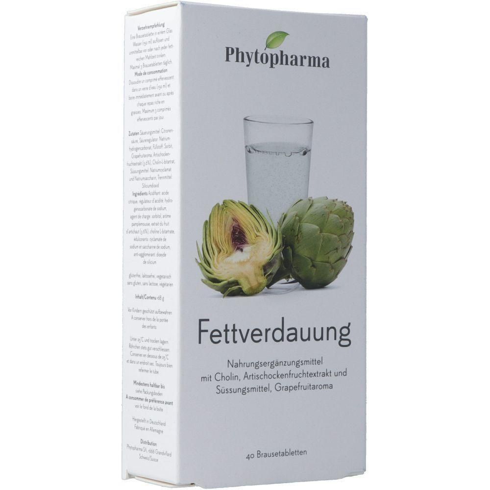 Weißer Karton mit Produktabbildung. Oben links steht "Phytopharma". Darunter ein Glas Wasser und Artischocken. Text: Fettverdauung.