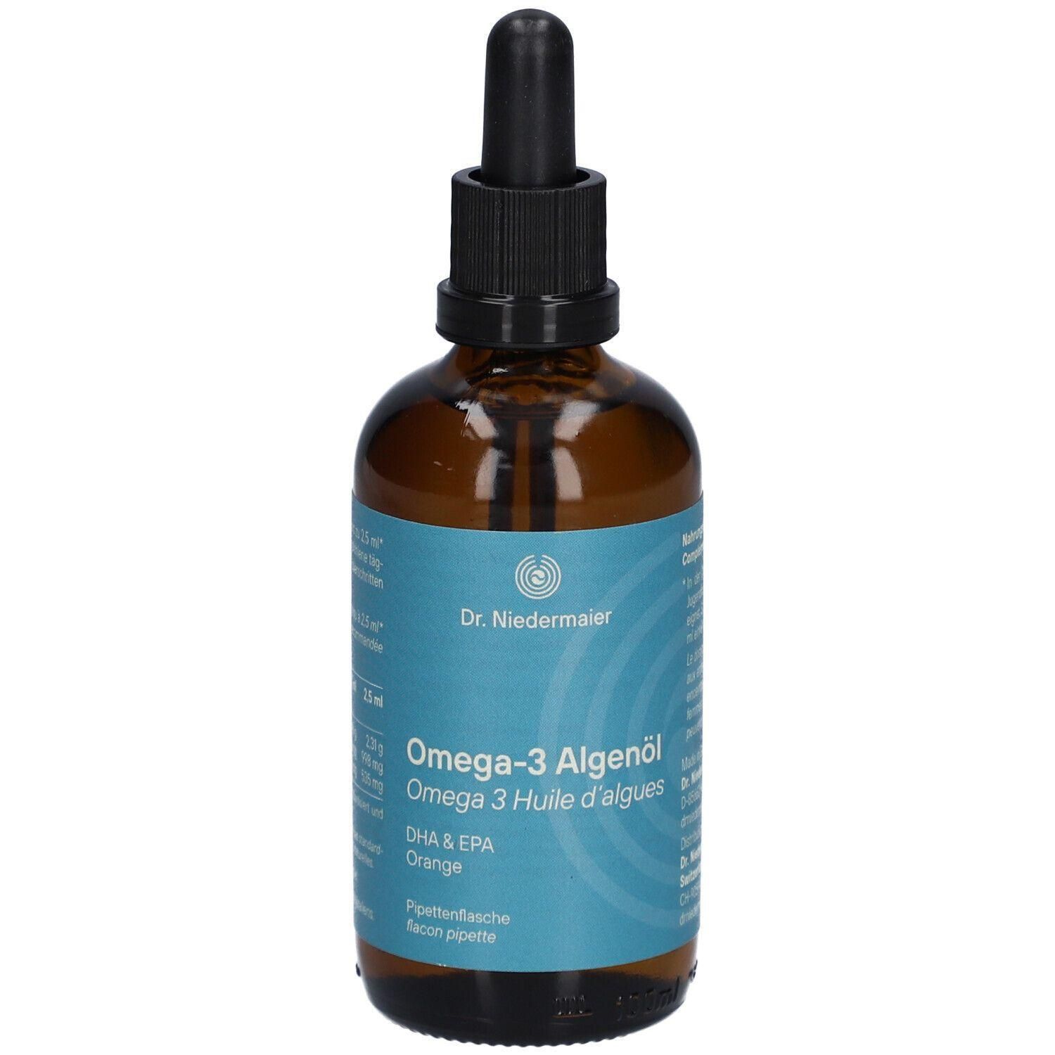 Braune Glasflasche mit schwarzem Tropfer. Aufschrift: Omega-3 Algenöl, DHA & EPA, Orange. Mit Pipette.